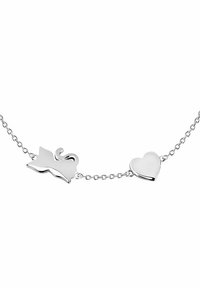 Braccialetto in argento con catena, caratterizzato da un charm a forma di fiocco e di cuore, entrambi lucidi con una finitura liscia, che mettono in risalto un design semplice ed elegante.
