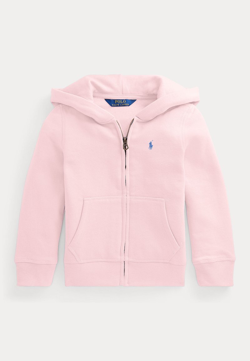 Fleece rosa com capuz e fecho éclair, bolsos frontais e um pequeno logótipo azul da polo. Feito de tecido macio com punhos e barra canelados.