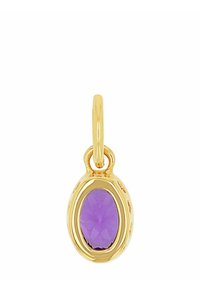 Pendente ovale in oro con una gemma centrale sfaccettata di colore viola, dotato di un anello per il fissaggio, superficie liscia e finitura lucida.