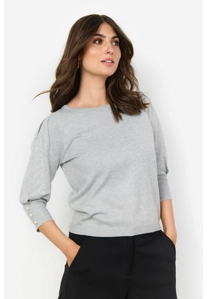 Light gray sweater with a round neckline, puffed sleeves, and button accents on the cuffs; made of soft, textured material.