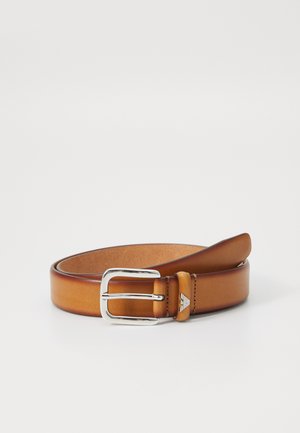 Brown leather belt with a smooth finish, featuring a silver metal buckle and a logo detail on the strap. Classic and sleek design.