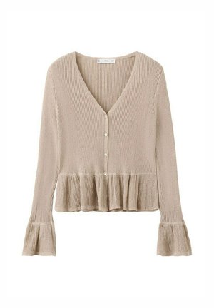 Cárdigan beige de punto acanalado con cuello en V, cierre de botones al frente y detalles de volantes en el dobladillo y puños de manga acampanada.