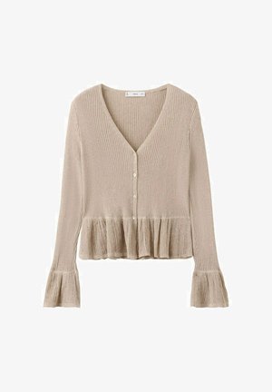Cardigan beige en maille côtelée avec encolure en V, boutons sur le devant, détails à volants à l'ourlet et poignets évasés.