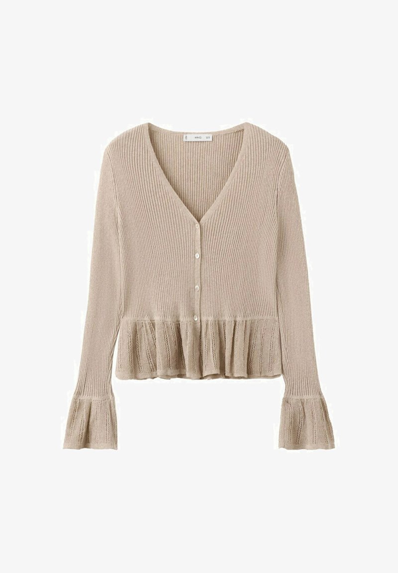 Cárdigan beige de punto acanalado con cuello en V, cierre de botones al frente y detalles de volantes en el dobladillo y puños de manga acampanada.