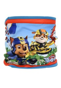 Multicolored nekgaiter met cartoonfiguren op een blauwe achtergrond. Zacht, rekbaar materiaal met oranje en blauwe accenten langs de randen.