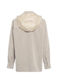 Light beige corduroy jacket with a cream puffer hood, long sleeves, buttoned cuffs, and vertical ribbed texture.