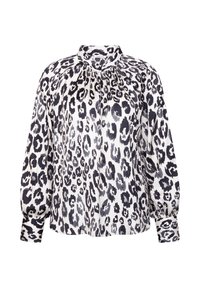 Blouse à manches longues avec imprimé léopard noir et gris sur tissu blanc, dotée d'un col montant et de poignets boutonnés.