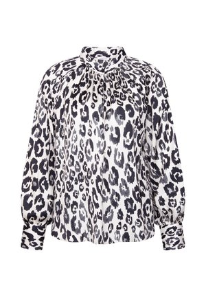Blouse à manches longues avec imprimé léopard noir et gris sur tissu blanc, dotée d'un col montant et de poignets boutonnés.
