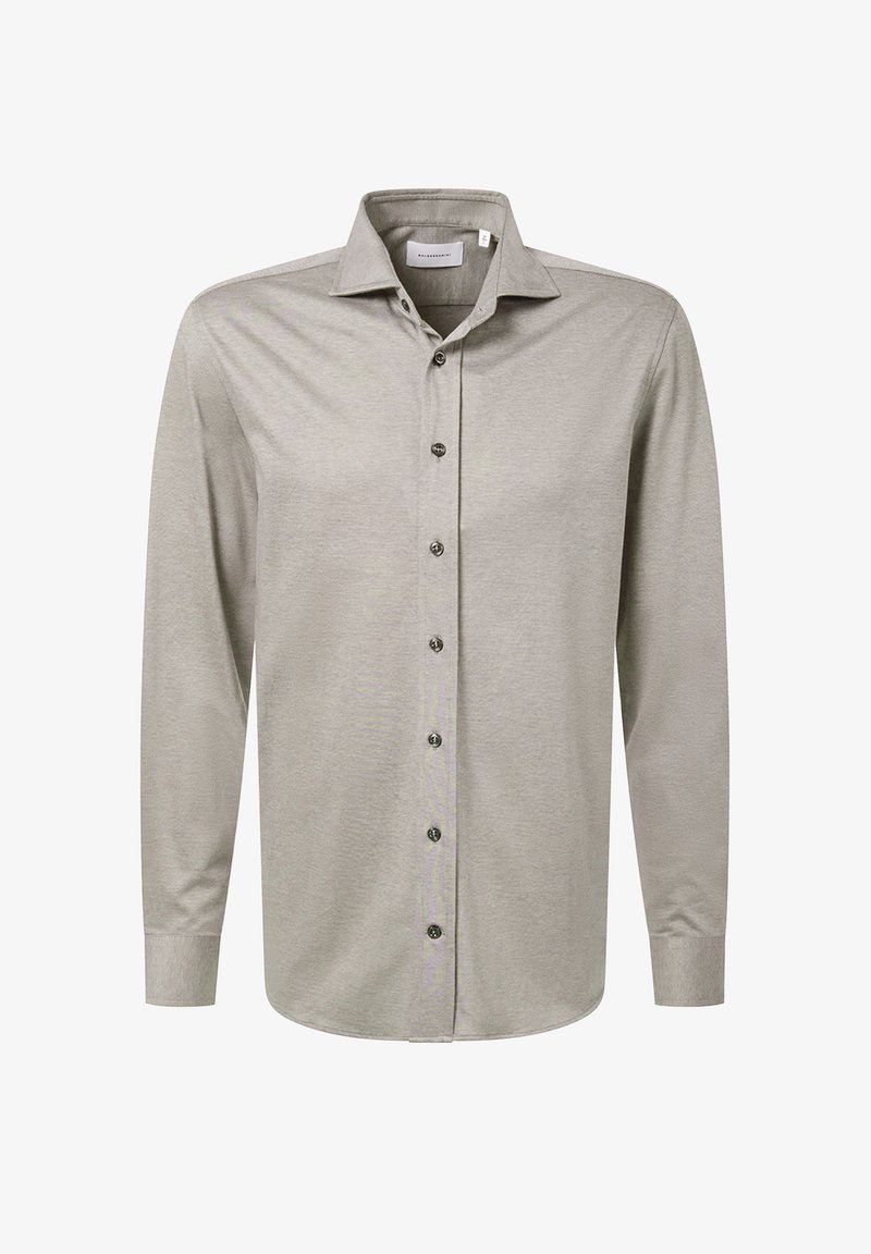 Helles graues Langarmshirt aus glattem Stoff. Es verfügt über einen spitzen Kragen, eine Knopfleiste auf der Vorderseite und Manschetten mit Knopfverschlüssen.