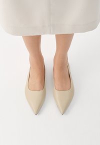 Zapatos de tacón en punta color beige con un acabado de cuero suave y un diseño de corte bajo en la parte frontal. La suela es negra con un ligero tacón. Sin acentos visibles.