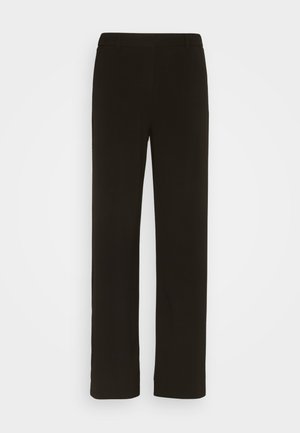 Pantalons noirs à jambe droite en tissu tissé, avec une taille plate, deux poches latérales et une texture lisse. Aucuns motifs ni accents visibles.