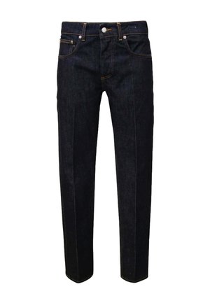Jeans denim blu scuro a gamba dritta con chiusura frontale con bottone e cerniera e design a cinque tasche.