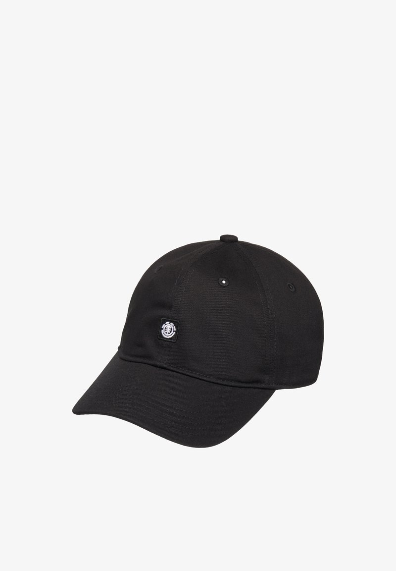 Casquette de baseball noire à six panneaux avec une visière courbée et une petite étiquette de logo blanche sur le panneau central avant.