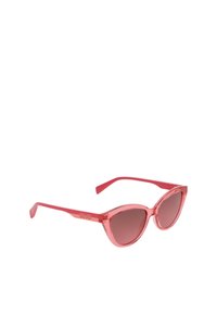 Occhiali da sole cat-eye rosa con montatura trasparente e lenti sfumate. Accenti in metallo sulle aste con il nome del marchio inciso.