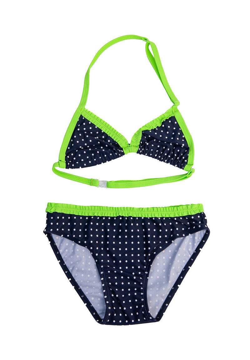 Granatowy bikini w białe kropki, obszyte jaskrawą zielenią. Górna część ma kształt trójkąta, natomiast dolna część ma klasyczny krój slipów.