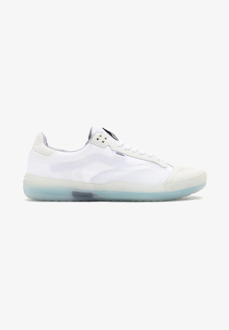 White sneaker with a mesh upper, leather accents, and a semi-transparent blue sole. Features laces, a reinforced toe, and logo details.