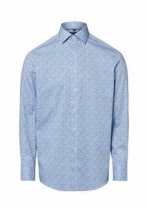 Hellblaues Langarmhemd mit Knopfleiste, feinem Muster, klassischem Kragen und weißen Knöpfen. Hergestellt aus einem glatten, atmungsaktiven Stoff.