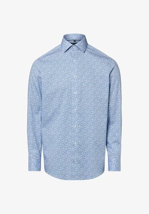 Hellblaues Langarmhemd mit Knopfleiste, feinem Muster, klassischem Kragen und weißen Knöpfen. Hergestellt aus einem glatten, atmungsaktiven Stoff.