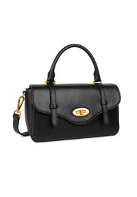 Borsa a mano in pelle nera con design strutturato, hardware dorato, manico superiore e tracolla rimovibile. Presenta una chiusura a patta curva.