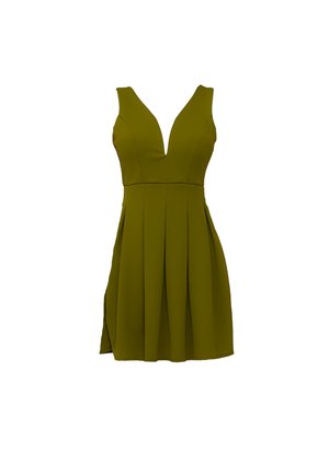 Olivovo zelené šaty bez rukávov s hlbokým výstrihom do V, skladanou sukňou a bočným rozparkom. Vyrobené z hladkej látky so štruktúrovaným dizajnom.