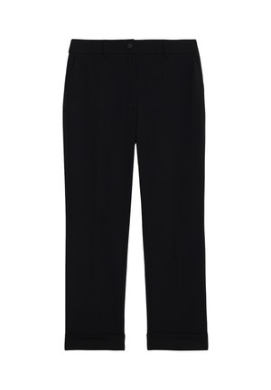 Pantaloni eleganti neri a gamba dritta con passanti per cintura, chiusura frontale con bottone, tasche laterali e orli risvoltati.