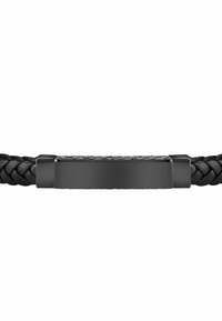 Braccialetto in pelle intrecciata nera con chiusura rettangolare nera opaca caratterizzata da una finitura liscia e dettagli decorativi sottili.