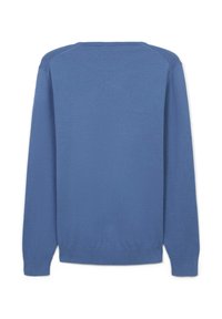 Ein einfarbig blauer langärmeliger Rundhalsausschnitt-Pullover mit gerippten Bündchen, Saum und Ausschnitt, flach von hinten auf einem weißen Hintergrund präsentiert.