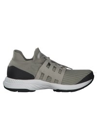 Gray athletic shoe with a knitted upper, mesh detailing, and a cushioned white midsole. Features a low-cut design and black accents.