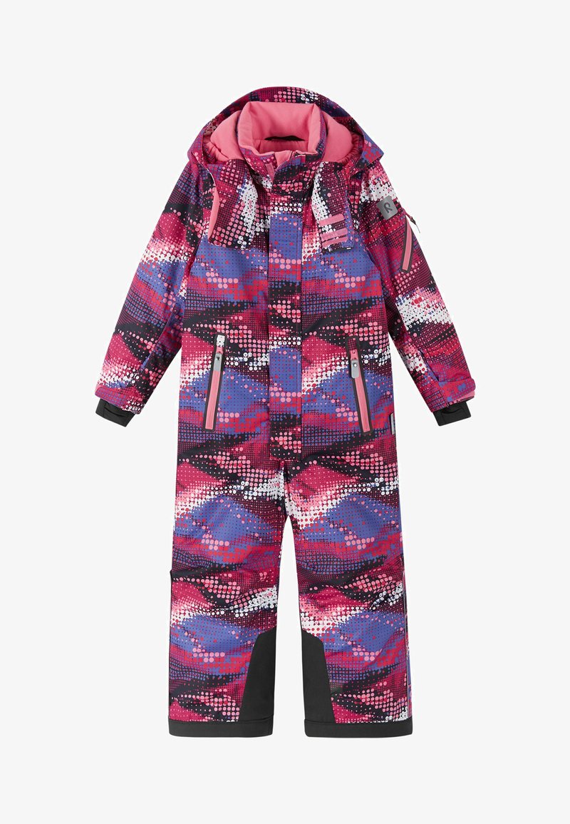 Colorful snowsuit featuring a geometric pattern in pink, purple, and black. Includes a hood and multiple zippered pockets. Waterproof material.