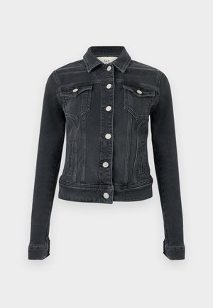 Jachetă din denim negru cu mâneci lungi, închidere frontală cu nasturi, două buzunare cu clapetă la piept și buzunare laterale, expusă pe un fundal simplu.