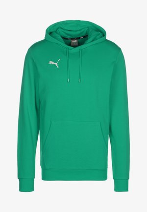 Grüner Puma-Kapuzenpullover mit Fronttasche und weißem Puma-Logo auf der linken Brustseite, mit Kordelzügen an der Kapuze.