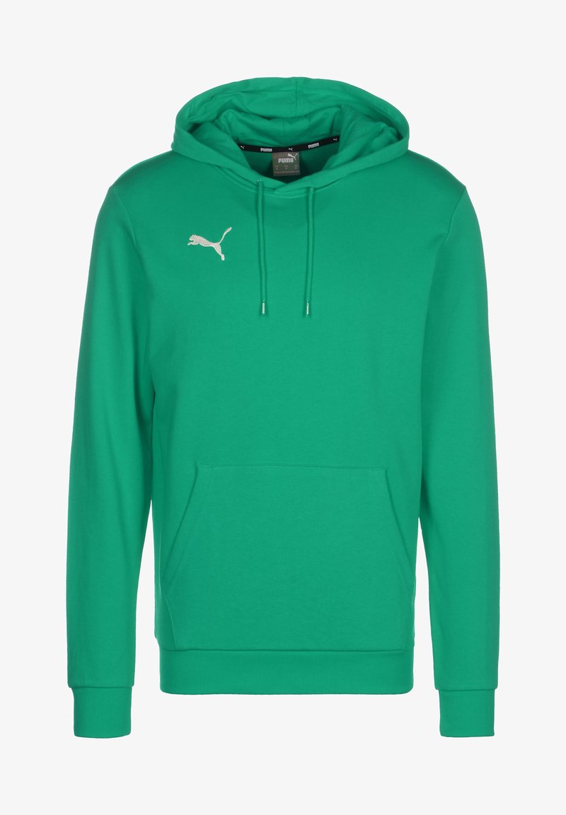 Sweat à capuche vert Puma avec poche avant et logo blanc Puma sur la poitrine gauche, avec cordons de serrage sur la capuche.