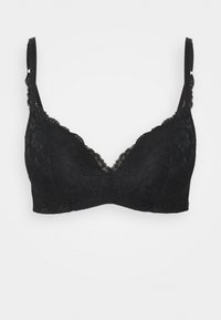 Soutien-gorge en dentelle noire avec un design en V, des bretelles ajustables et une bordure en dentelle festonnée le long de l'encolure et de l'élastique sous-poitrine.