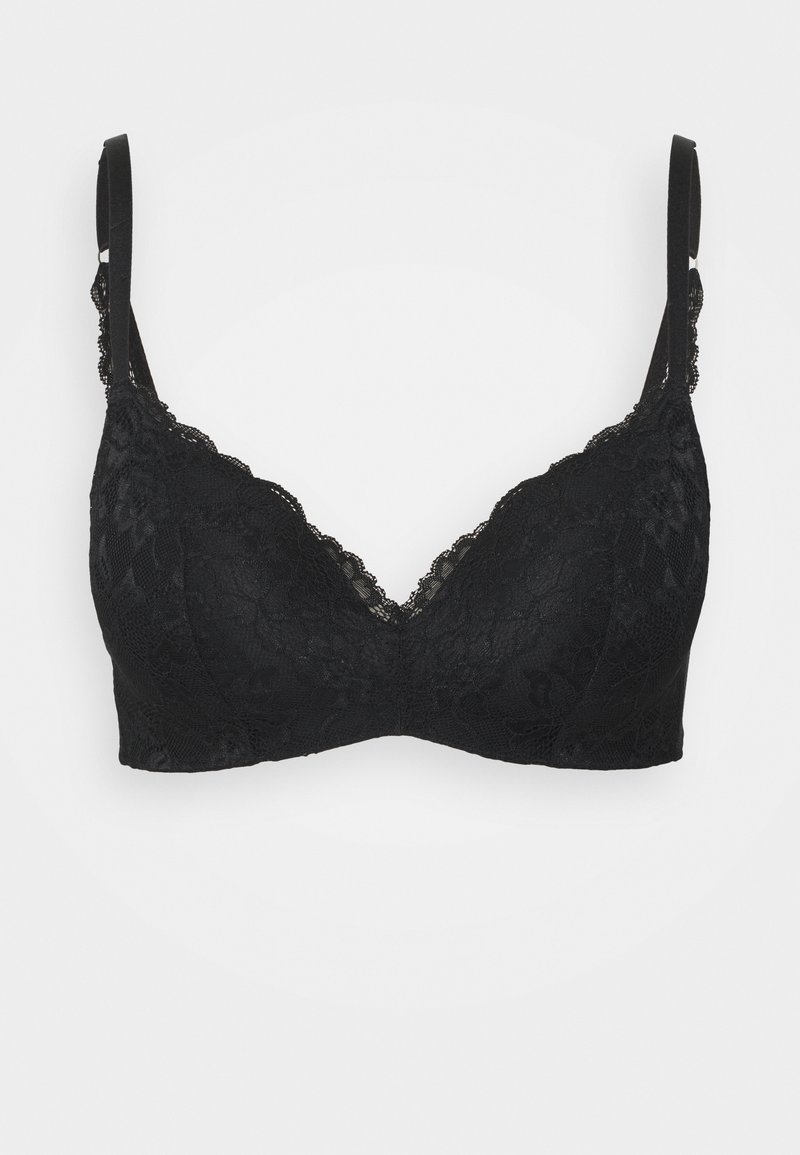 Soutien-gorge en dentelle noire avec un design en V, des bretelles ajustables et une bordure en dentelle festonnée le long de l'encolure et de l'élastique sous-poitrine.