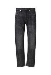 Dunkelblaue Jeans mit geradem Bein, ausgestattet mit Knopf- und Reißverschluss, fünf Taschen und dezenter Verblassung an den Oberschenkeln.