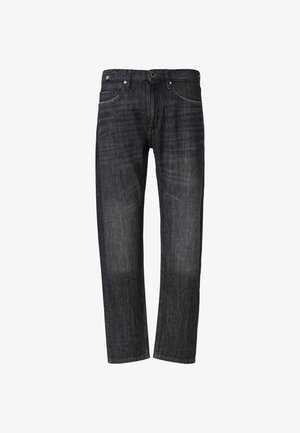 Ciemne dżinsy z denimu o prostych nogawkach, z zapięciem na guzik i zamek błyskawiczny, pięcioma kieszeniami oraz subtelnym wyblaknięciem na udach.