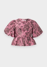 Rozā auduma peplum tops ar tumšu ziedu rakstu. Iezīmes: puff piedurknes, pogas priekšā un teksturēta virsma.