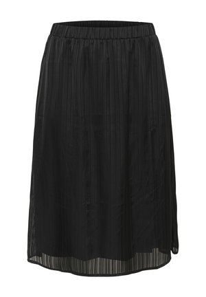 Čierna plisovaná sukňa s elastickým pásom, s priesvitnou tkaninou navrchu a rovno strihaným lemom. Štruktúrovaný, ľahký materiál.