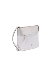 Borsa a tracolla bianca con parte superiore metallica argento, texture liscia, chiusura con zip e tracolla regolabile con dettagli in metallo argento.