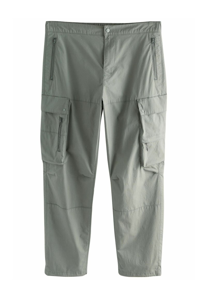 Hellgrüne Cargo-Hosen mit relaxed Fit, aus leichtem Material, ausgestattet mit mehreren Reißverschluss- und Klapptaschen sowie einem elastischen Bund.