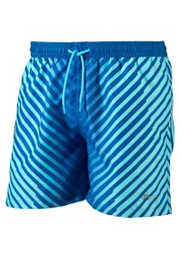 Shorts de bain bleus avec un motif à rayures diagonales en différentes nuances de bleu et d'aqua. Ceinture élastique avec un cordon de serrage.