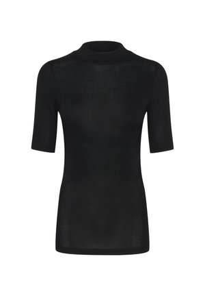 Black short-sleeve top with a high mock neck, made of a lightweight knit fabric. The design features a fitted silhouette and smooth texture.