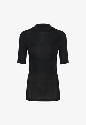 Black short-sleeve top with a high mock neck, made of a lightweight knit fabric. The design features a fitted silhouette and smooth texture.