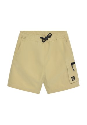 Pantaloncini da bagno beige in tessuto leggero, con cintura elastica e coulisse nera, e una tasca laterale con cerniera nera.