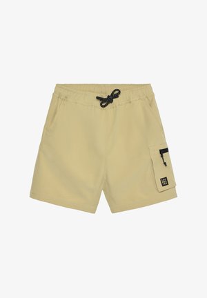 Beige Badeshorts aus leichtem Stoff, mit einem elastischen Bund und einem schwarzen Kordelzug sowie einer seitlichen Tasche mit schwarzem Reißverschluss.