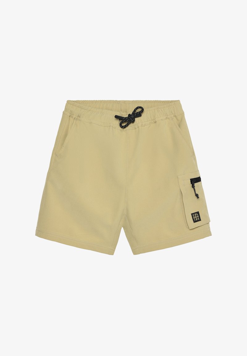 Shorts de baño beige hechos de tela ligera, con una cintura elástica con cordón negro y un bolsillo lateral con cremallera negra.