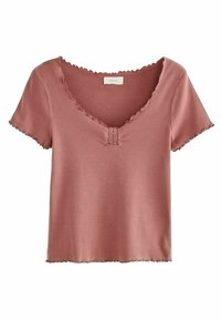 Haut en tricot côtelé rose poussiéreux à manches courtes avec des bords festonnés et un détail froncé au niveau du col en V.