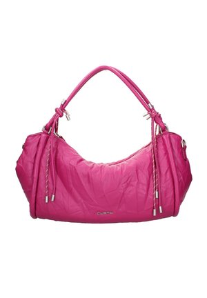 Borsa a spalla in pelle rosa brillante con doppi manici, dettagli in metallo argentato, accenti con cordoncino e logo "CUSTO" sulla parte anteriore.