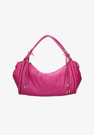 Borsa a spalla in pelle rosa brillante con doppi manici, dettagli in metallo argentato, accenti con cordoncino e logo "CUSTO" sulla parte anteriore.