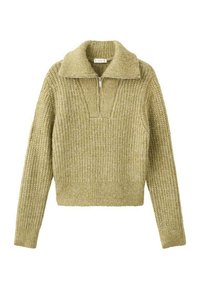 Pulover tricotat de culoare verde deschis, cu fermoar până la un sfert, guler larg, textură ribbată și lungime scurtă. Detalii notabile de cusături orizontale.